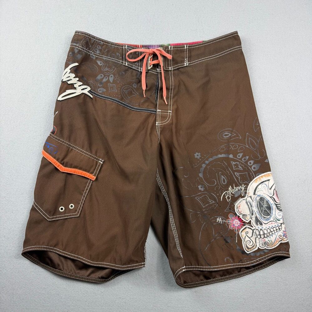 Y2K Billabong Board Shorts Mens 34 Brown Skull Graphic Cargo Surf Swim Trunks